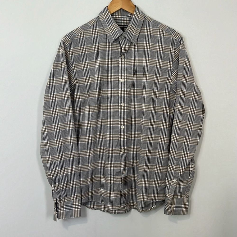 Michael Kors Long Sleeve Mens Dress Shirt Slim Fit Tan Gray Plaid Medium Size